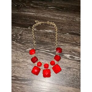 Bib Necklace Statement Faceted Geometric red Resin Gold Tone Link‎ Chain